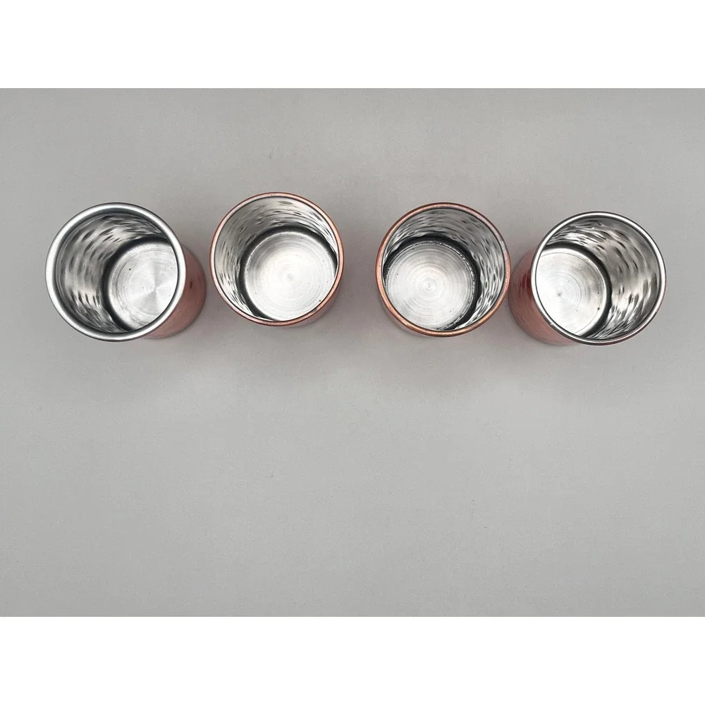 Hammered Copper Shot Glass Set‎ of 4 with Distressed White Metal Caddy Barware